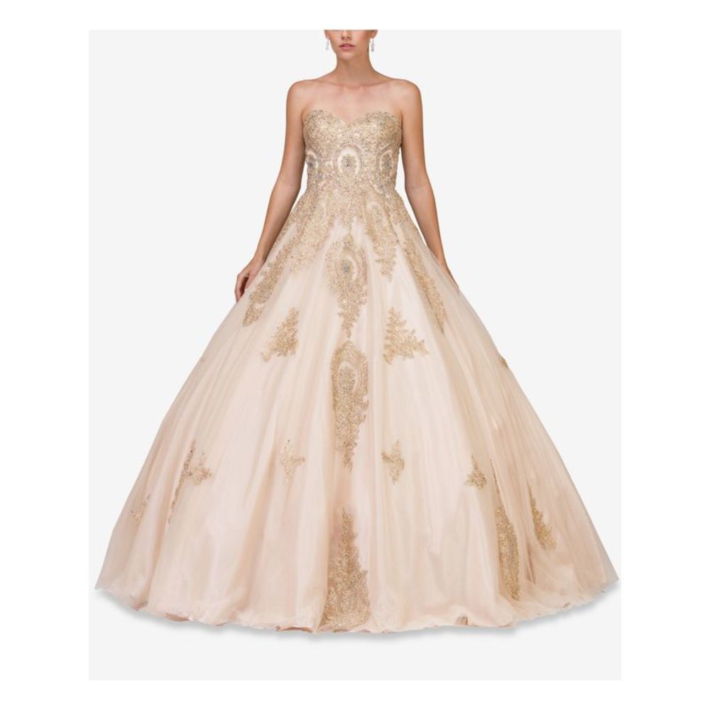DANCING QUEEN Womens Beige Appliques Tulle Sleeveless Formal Dress Juniors XS